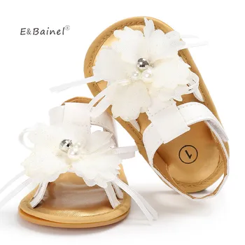 

E&Bainel Baby Girl White Flower Infant Soft Sole Princess Shoes Summer Pearl Toddler Baby Shoes 0-18 Month