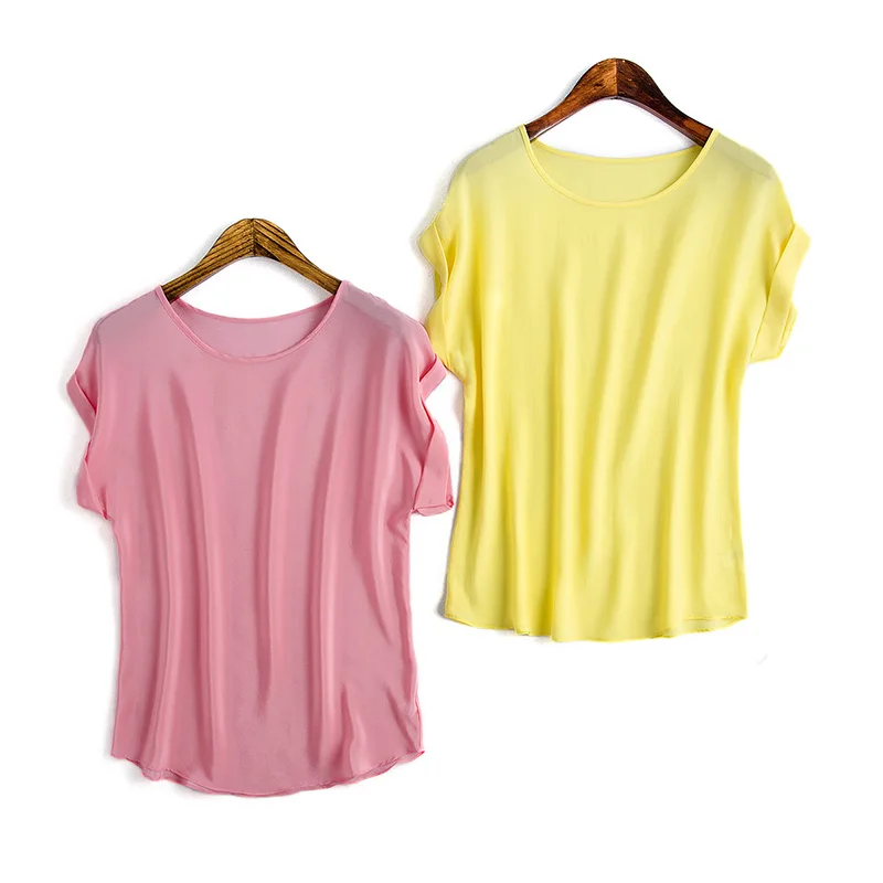 Günstig Frauen Echte Seide T Hemd Kurze Fledermaus ärmeln Solide chiffon lose hemd 100% Natürliche seide Grundlegende Top Plus größe 2019 sommer bodenbildung