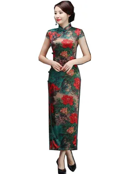 

Shanghai Story Floral Qipao Long Faux Silk Chinese Cheongsam Dress Short Sleeve Qipao Chinese Oriental Dress For Women