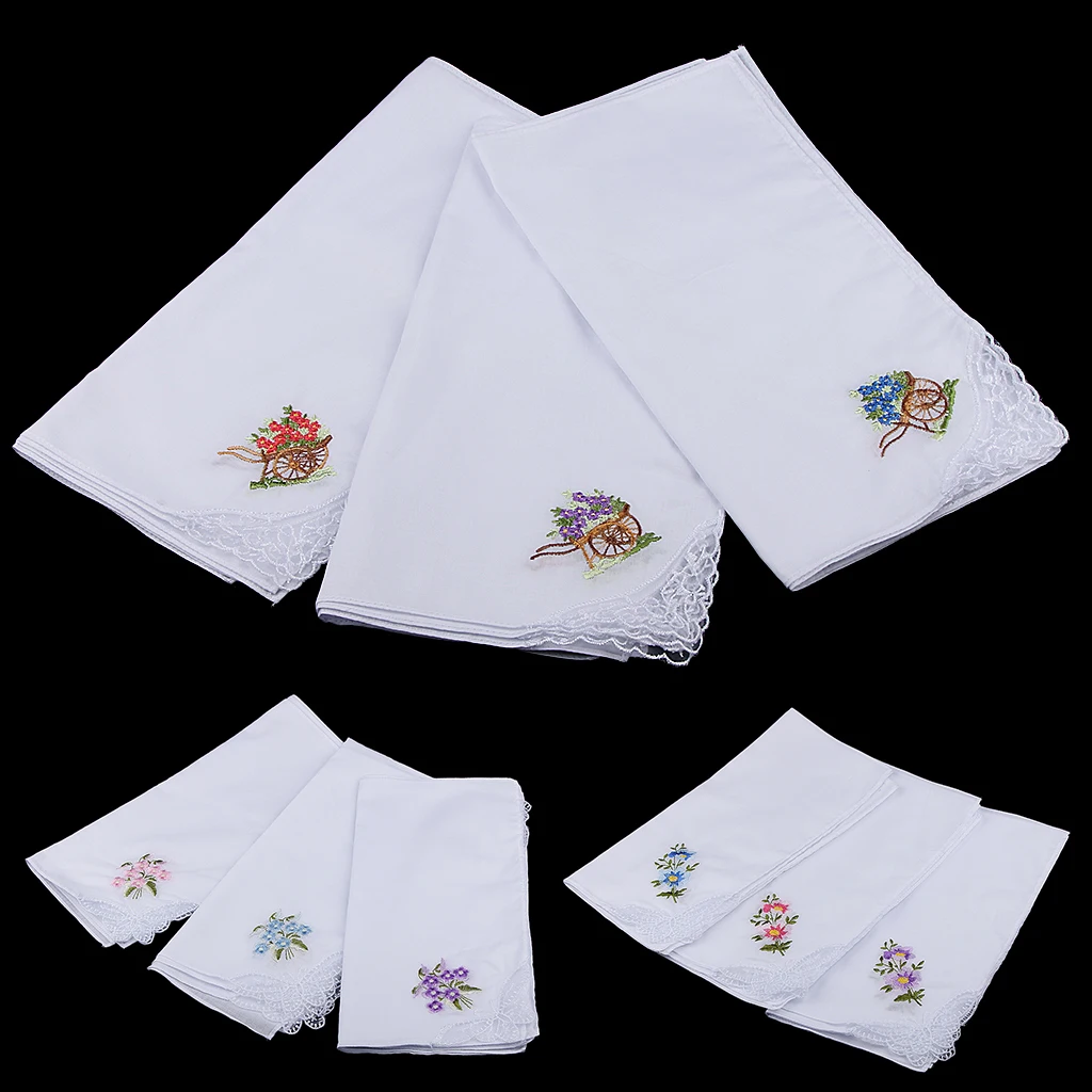  Pack of 12 Flower Embroidery 100% Cotton Handkerchiefs Comfy Pocket Hanky Square Handkerchiefs for 