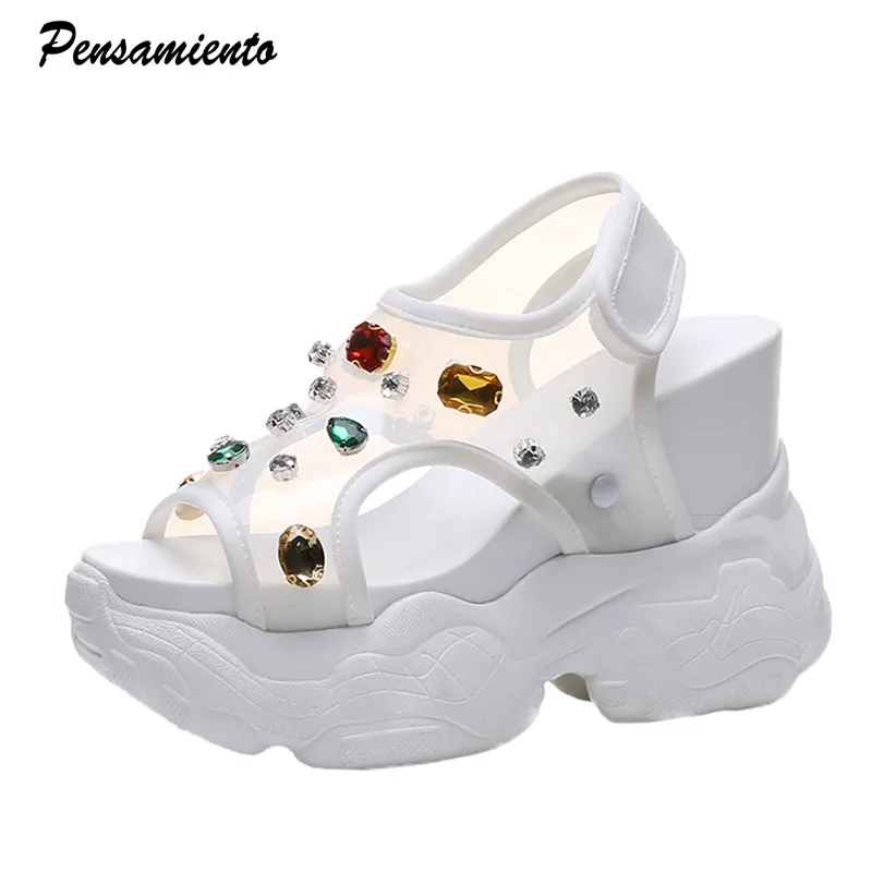 

2019 Summer Colorful Rhinestones Women Sandals Peep toe increase Platform Wedges Casual Sandals High heels Chunky Sneakers shoes