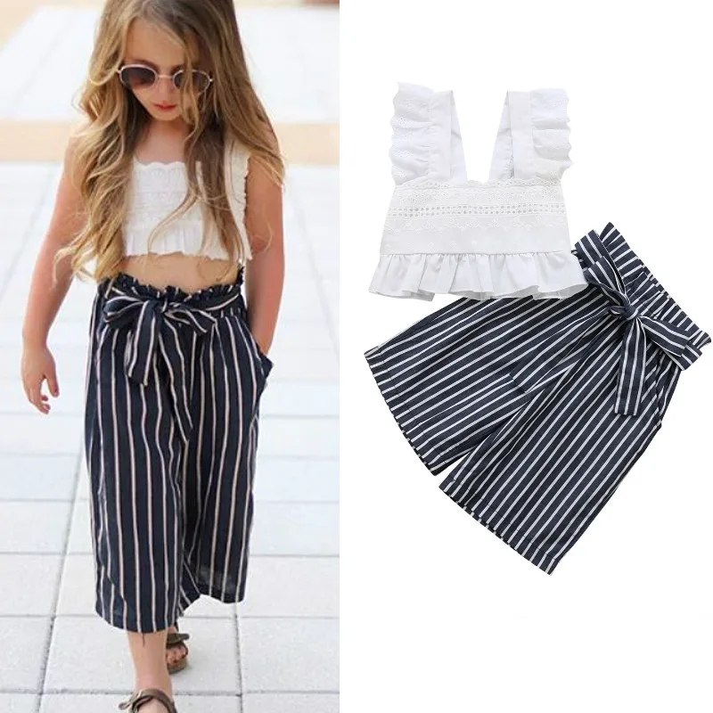 

6M to 4 Year Summer 2PCS Toddler Baby Girl Clothes Set Lace Tops T-shirt and Striped Wide Leg Pants Kids Girls Outfits Sets
