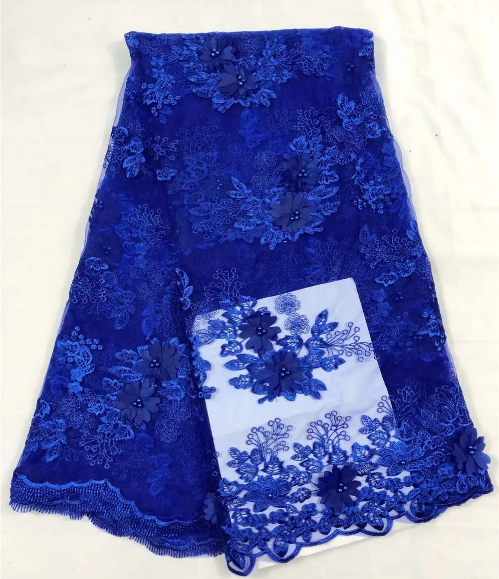 

Beautifical royal blue Wedding Lace Fabric 3D Flowers French African Lace Fabrics For Dresses Beads Tulle Lace Nigerian Fabric