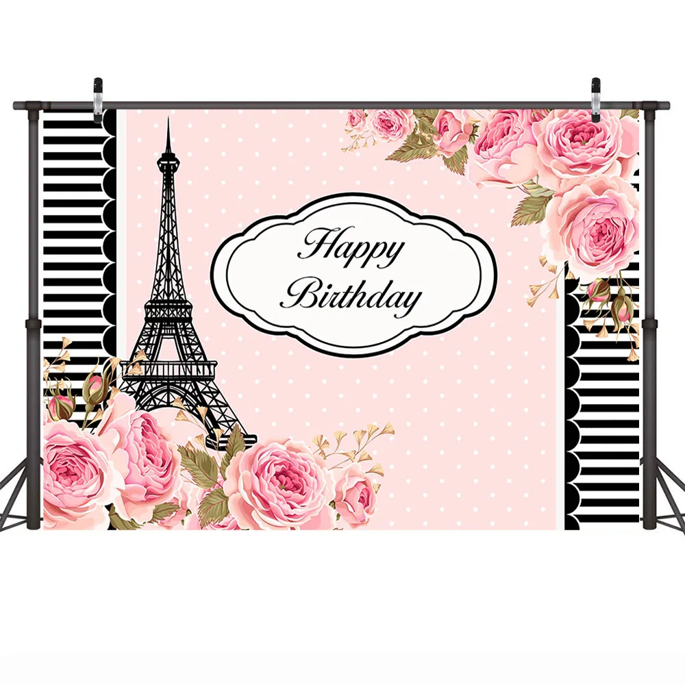 

Mehofoto Birthday Party Theme Background Pink Flowers White and Black Stripes Background for Photography Eiffel Tower
