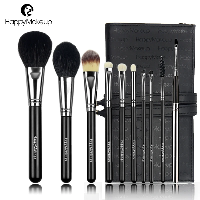 HAPPY MAKEUP 10pcs Professional Makeup Brushes Set Natural Goat Hair Copper Powder Foundation Eyeshadow Lip Brush Kit Pouch Bag