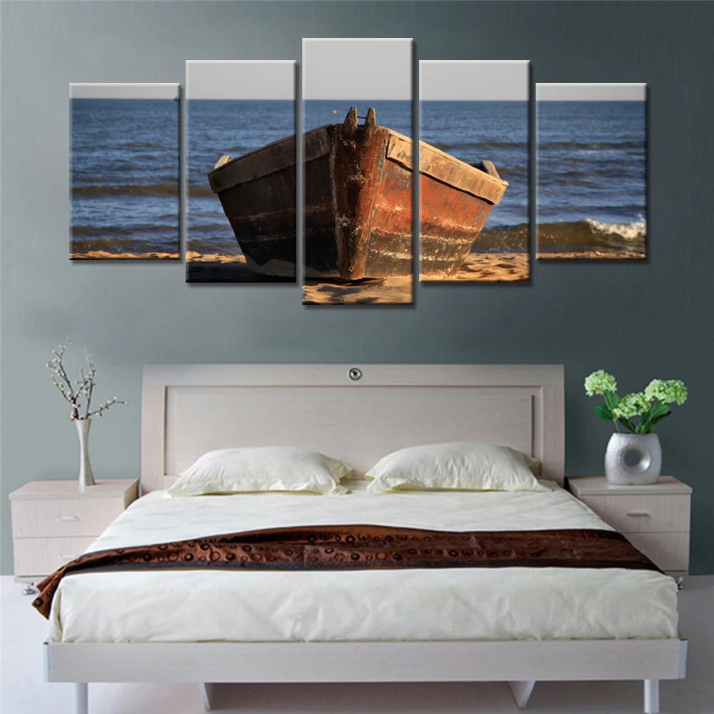 Drop Shipping 5 Panel Canvas Prints Painting Ship on The Sea Boat Blue Sky Home Decor Frame Wall
