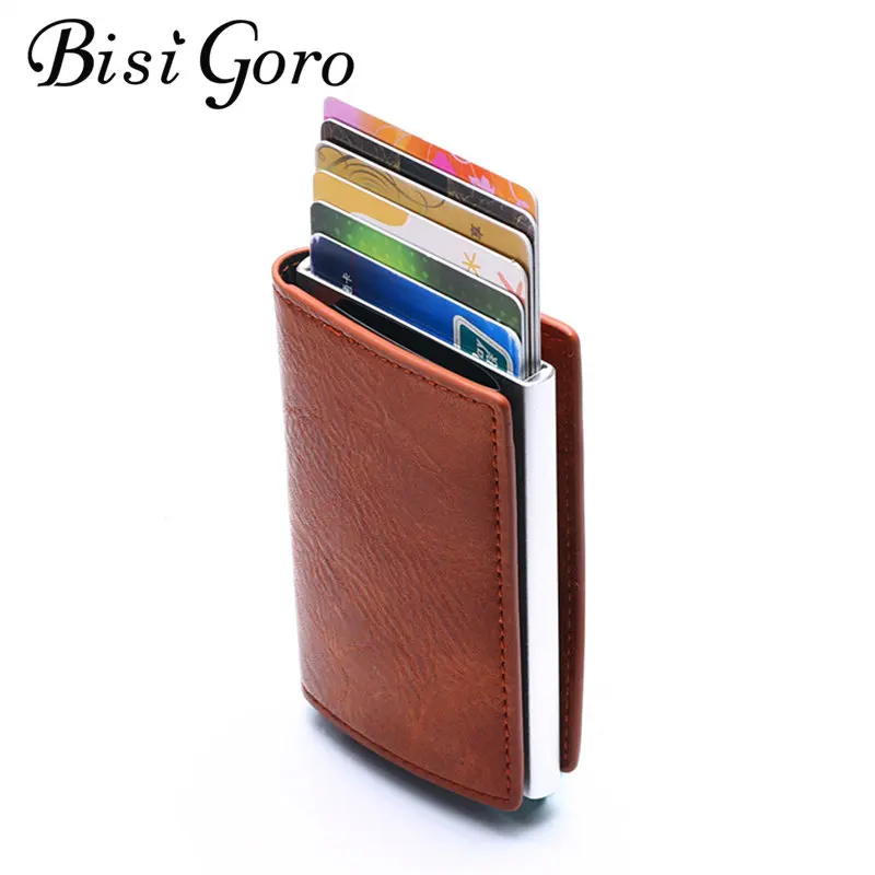 

BISI GORO New Single Box Card Holder Crazy Horse PU Leather Card Wallet RFID Blocking Aluminum Smart Multifunction Slim Wallet