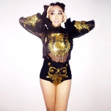 Мода блестят Черный Чистая Пряжа Для женщин пикантные вечерние золото костюмы с пайетками сценического танца для ночного клуба певица носить Панорамное боди