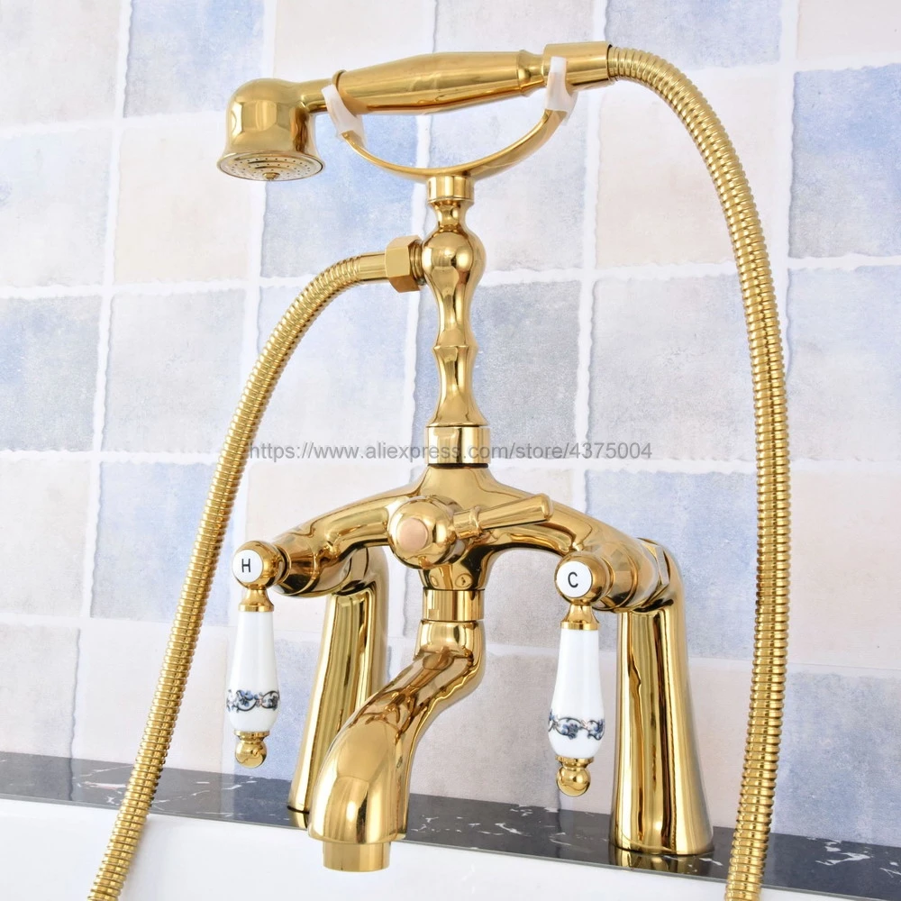 

Deck Mounted Bathtub Faucet Double Handle Gold Color Brass Mixer Tap Bath Shower Faucets With Hand Shower Ntf788