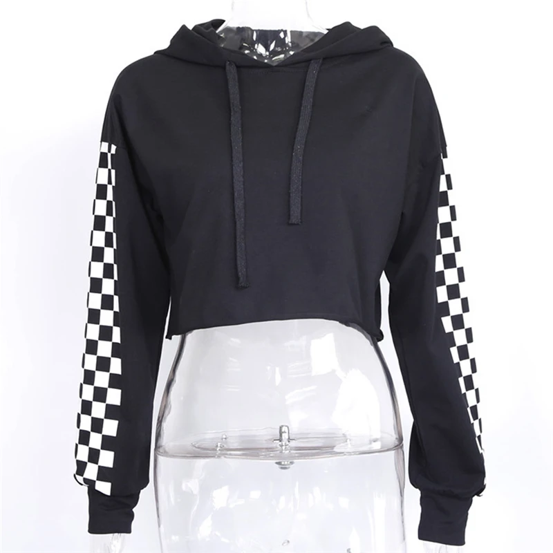 

Black White Plaid Patchwork Streetwear Long Sleeve Pullovers Hooded Sweatshirt Women Autumn Clothing Top