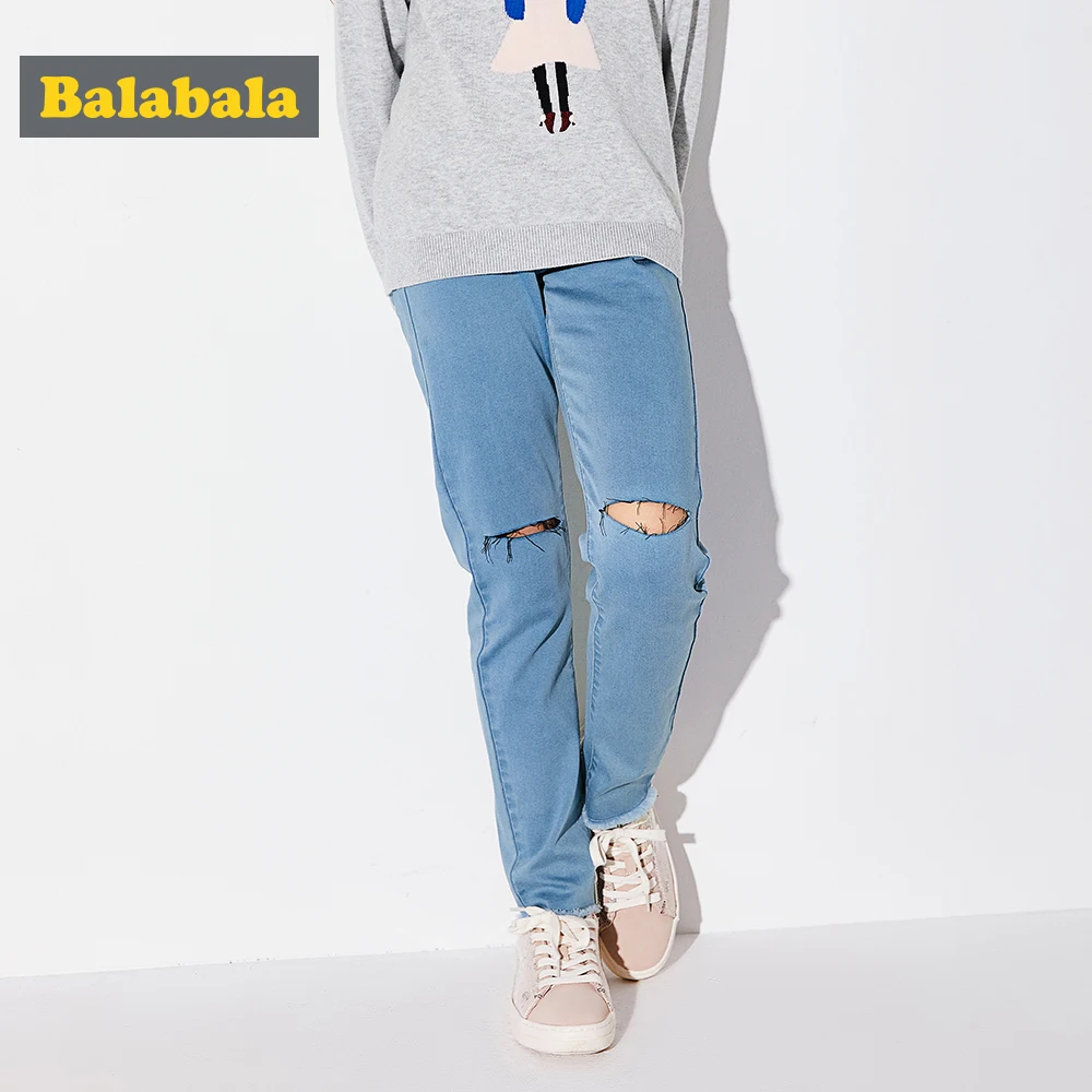 

Balabala Girls Destroyed Jeans in Washed Denim Teenage Girl Regular Fit Jeans with Destruction Pull-on Jeans with Raw-edge Hem
