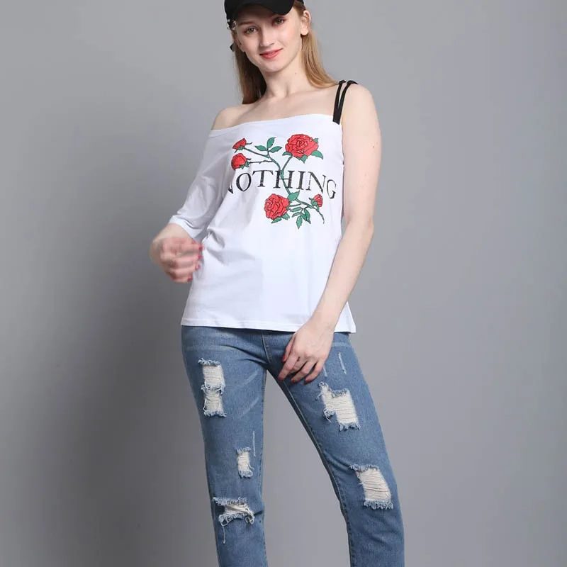Summer New Tops Fashion Rose Flowers Print Women One Off Shoulder Strap