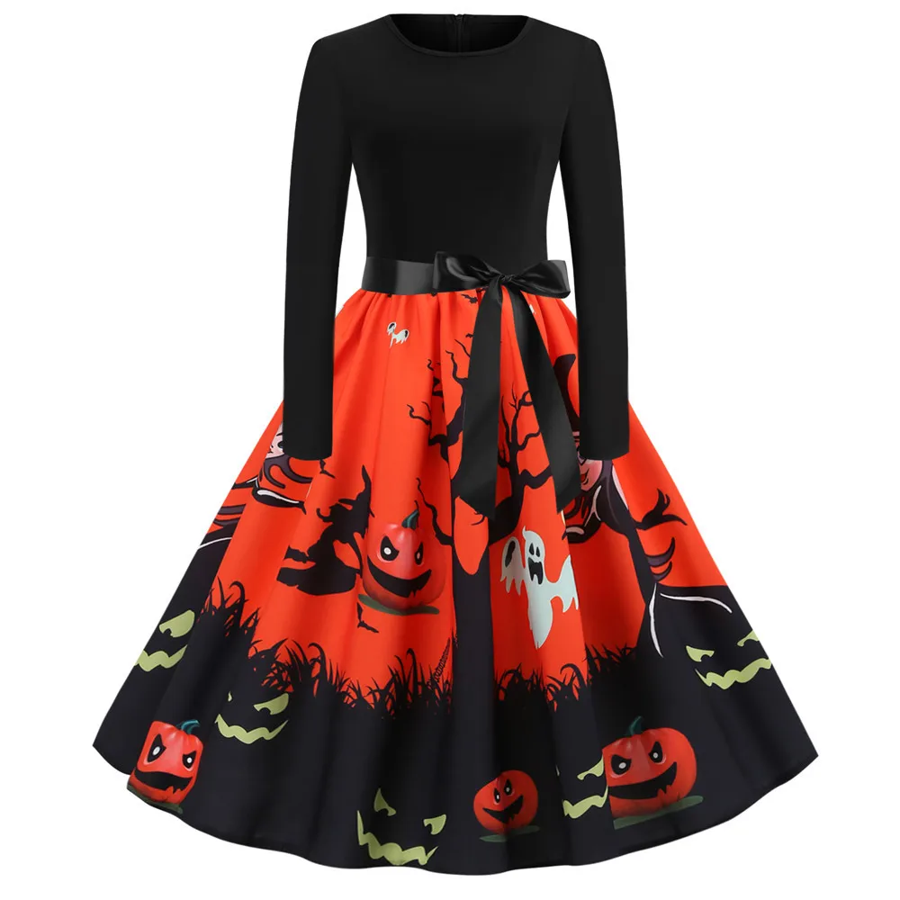 

Pumpkin Printed Halloween Dress Women 2019 Summer Autumn Long Sleeve Nightmare Before Christmas Party Vintage Dresses Pinup
