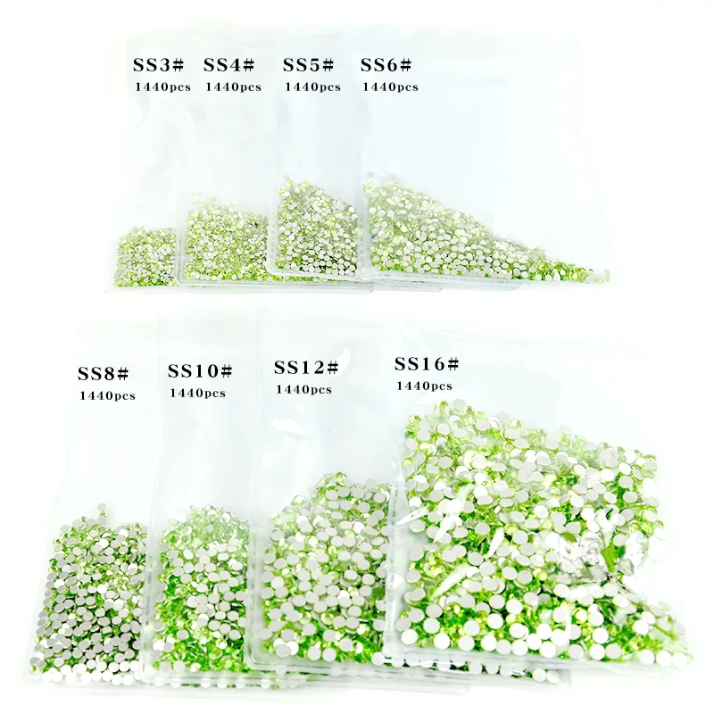 

1440Pcs/Pack Nail Crystal Rhinestones for Nails Flatback Non Hotfix Nail Art Decorations Light Green Glass Gems Stones SS3-SS16