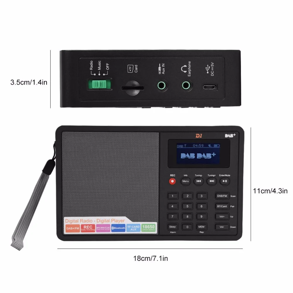 Портативный Bluetooth радио DAB+ FM RDS цифровой радио стерео 1,8-дюймовый ЖК-дисплей поддержка часов/сна TF карта MP3, WMA и WAV