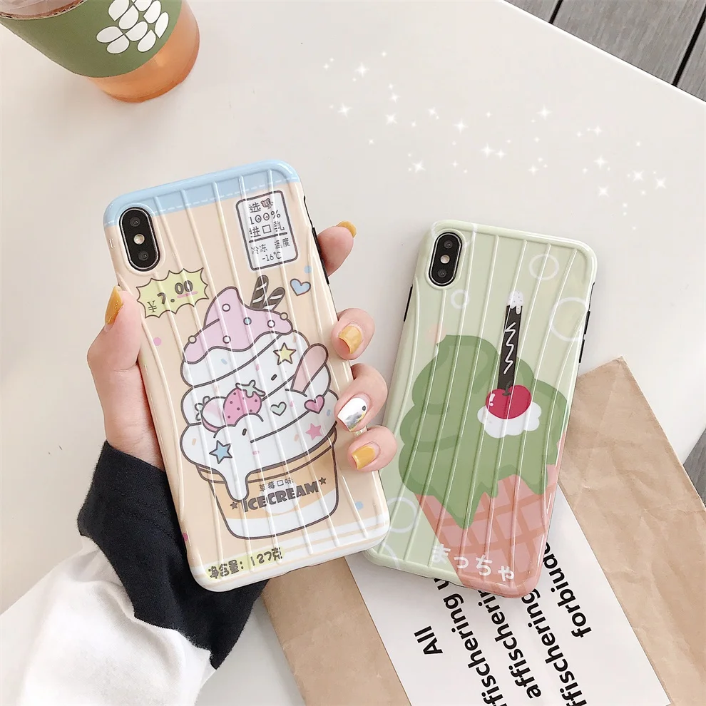 

DTFQ Cartoon Ice Cream Cute Lovely IMD Phone Case Back Cover Icecream Suitcase Pattern Shell for iPhone 6s Plus 7 8 Xs Max XR X