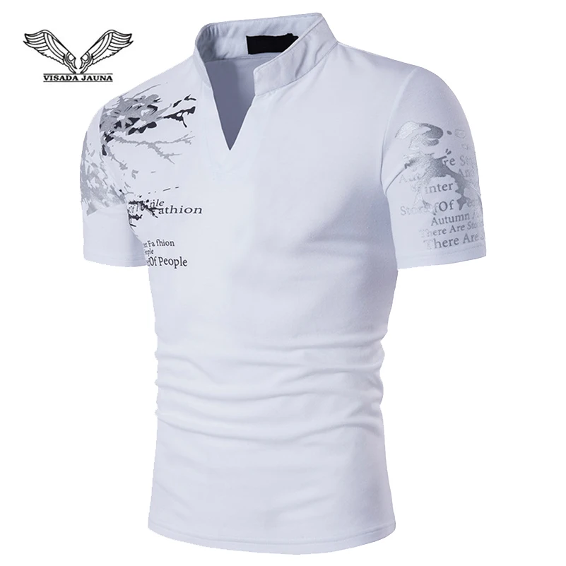 

VISADA JAUNA New Men's European Style Printing Stand Collar Short-Sleeved Large Size T-Shirt Summer Dress Size S-2XL TLH100