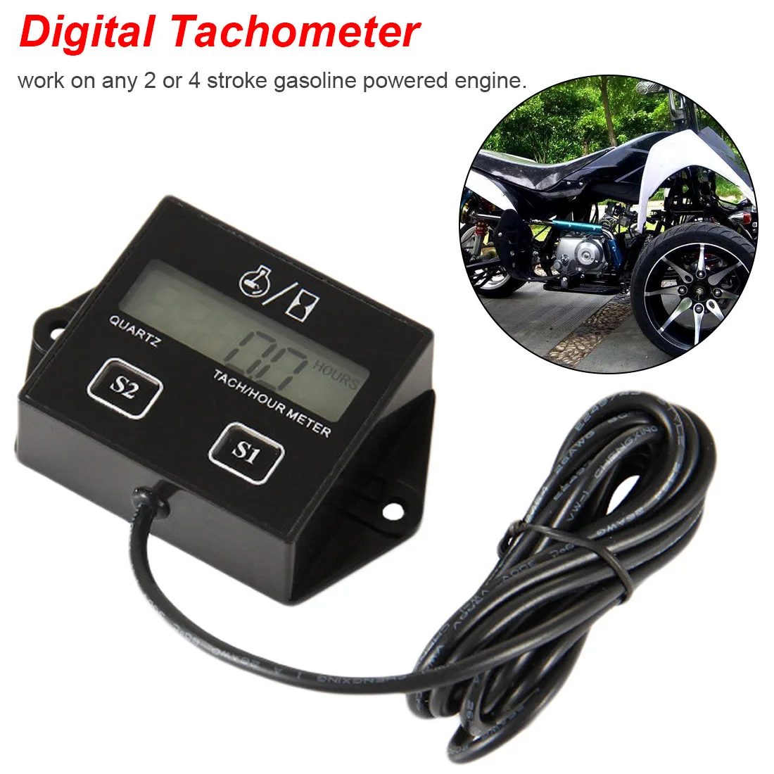 Digital Tachometer Engine Tach Hour Meter LCD Display inductive