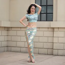 Командный танцевальный костюм, комплект из 2 предметов, Женский мягкий кружевной топ на бретелях, длинная юбка русалки с блестками, блестящая розовая танцевальная одежда