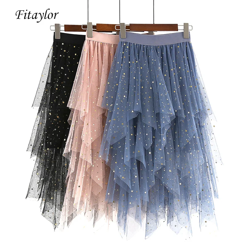 Fitaylor, весенние женские тюлевые юбки, высокая талия, подол, асимметричная сетчатая юбка миди, женская черная, розовая, милая многослойная длинная юбка