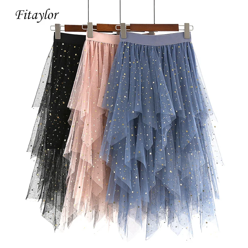 

Fitaylor Spring Women Tulle Skirts High Waist Hem Asymmetrical Mesh Midi Skirt Female Black Pink Sweet Cake Layered Long Skirt