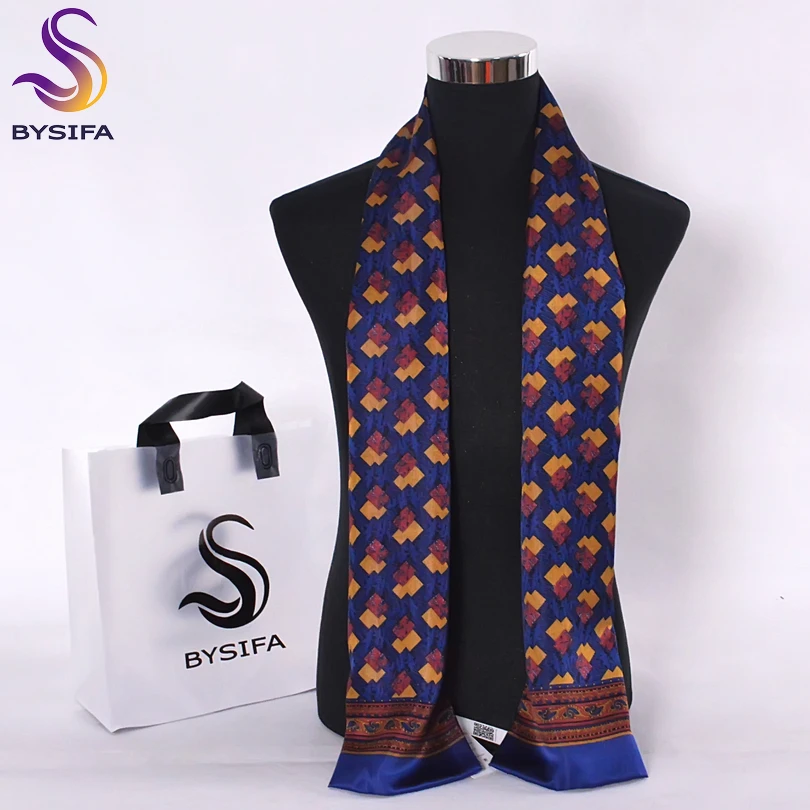 

[BYSIFA] Men Big Plaid Silk Scarf Autumn Winter Male Double Layers Pure Silk Long Scarves Cravat Navy Blue And Red 160*26cm