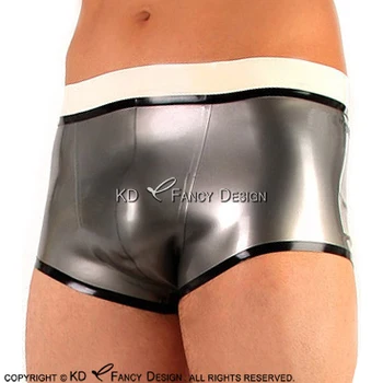 

Sexy Latex Boxer Shorts With Black And White Stripes Rubber Boy Shorts Underpants Underwear Briefs DK-0152