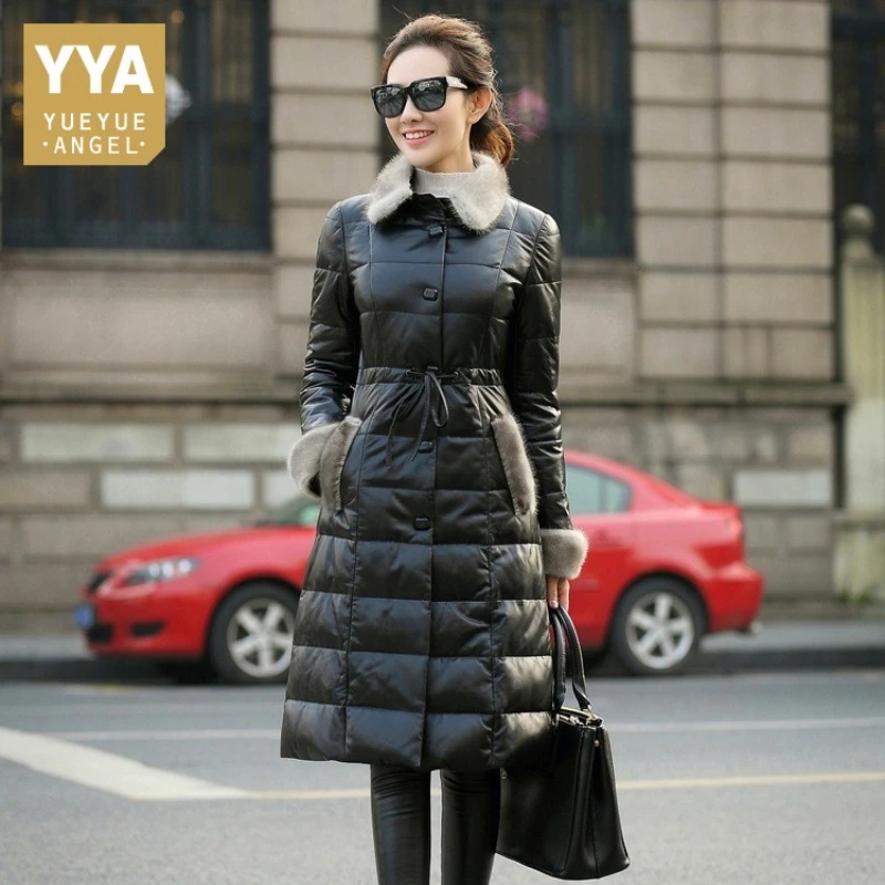 

2019 New Genuine Leather Down Coats Women Top Brand Wool Fur Collar Belt Long Jackets Warm Sheepskin Overcoat Female Plus Size