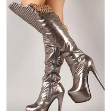 Новое поступление Олово Цвет Для женщин ботинки с высоким голенищем на платформе Золотые Цепи декор женские сапоги до колена осень-зима обувь