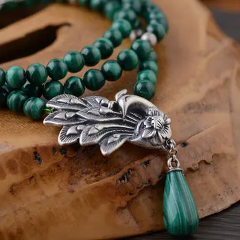

FNJ 925 Silver Malachite Necklace for Jewelry Making Peacock Pendant Green Stone 100% Original S925 Sterling silver Necklaces