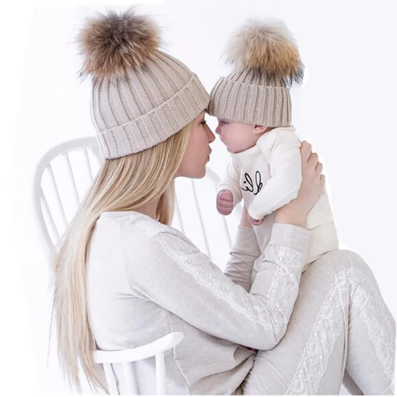 

Winter Warm Mom&Newborn Baby Kids Hats Crochet Knit Hairball Beanie Cup 2PCS Mommy and me Knitting Balls Warm Winter Knitted Cap