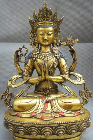 

JP S0524 12" Chinese Tibetan Bronze Gilt 4 Arms Chenrezig Avalokiteshvara Buddha Statue