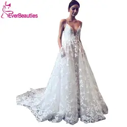 Vestidos De Novia кружевное свадебное платье с карманами 2019 v-образный вырез пляжное платье невесты Спагетти ремни свадебные платья Robe De Mariee