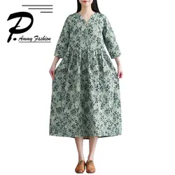 Ретро lagenlook плюс размер лен и хлопок Floral Print A-Line Dress женские длинный рукав мешковатые Туника Платье Весна и осень