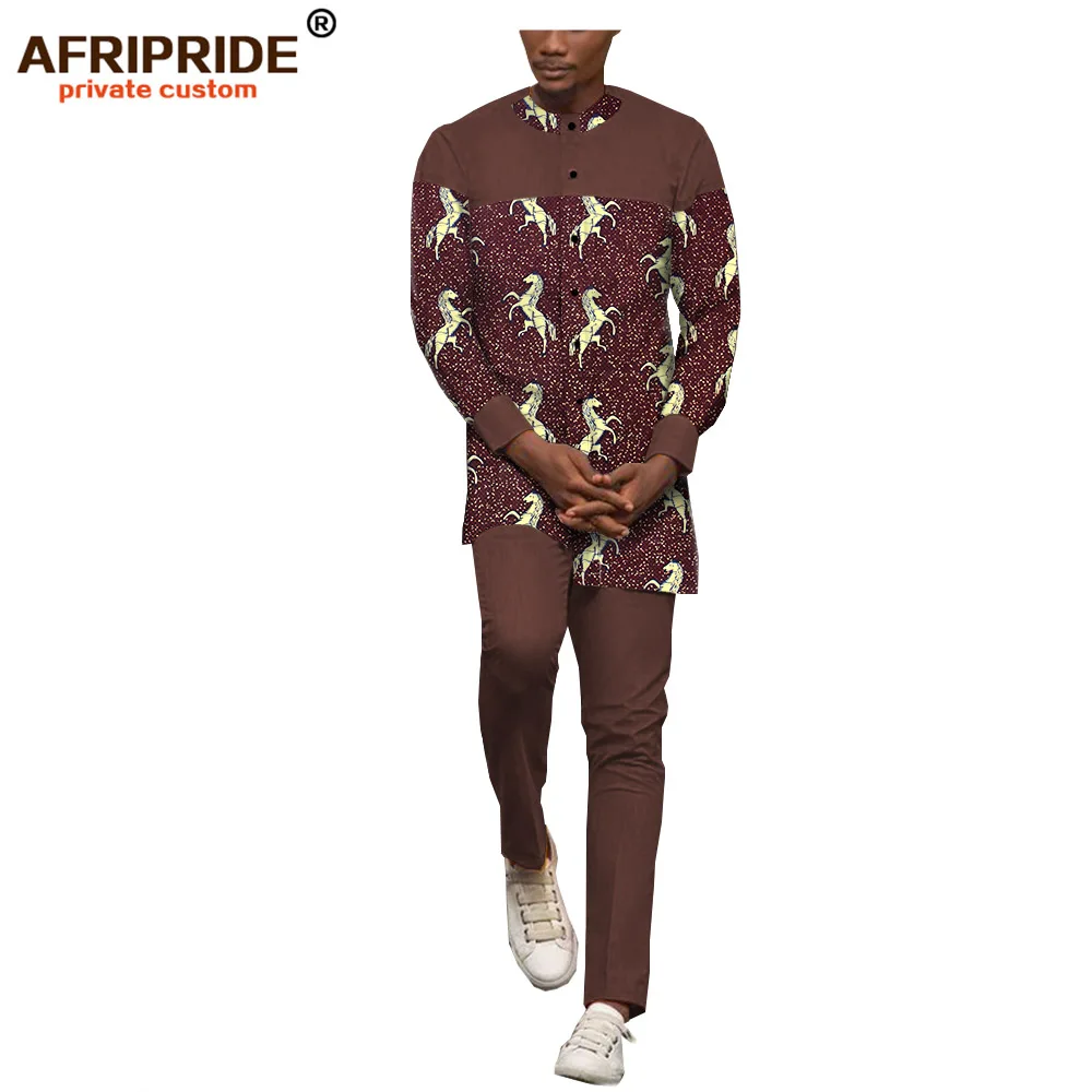 2019 Африка весенние повседневные Комплект одежды из хлопковой ткани для мужчин AFRIPRIDE индивидуальные полный рукав однобортный Топ + длинные