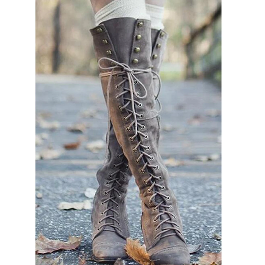 YJSFG/женские Сапоги выше колена в стиле ретро с перекрестной шнуровкой; мотоботы; винтажные женские зимние сапоги на молнии с заклепками - Цвет: Серый