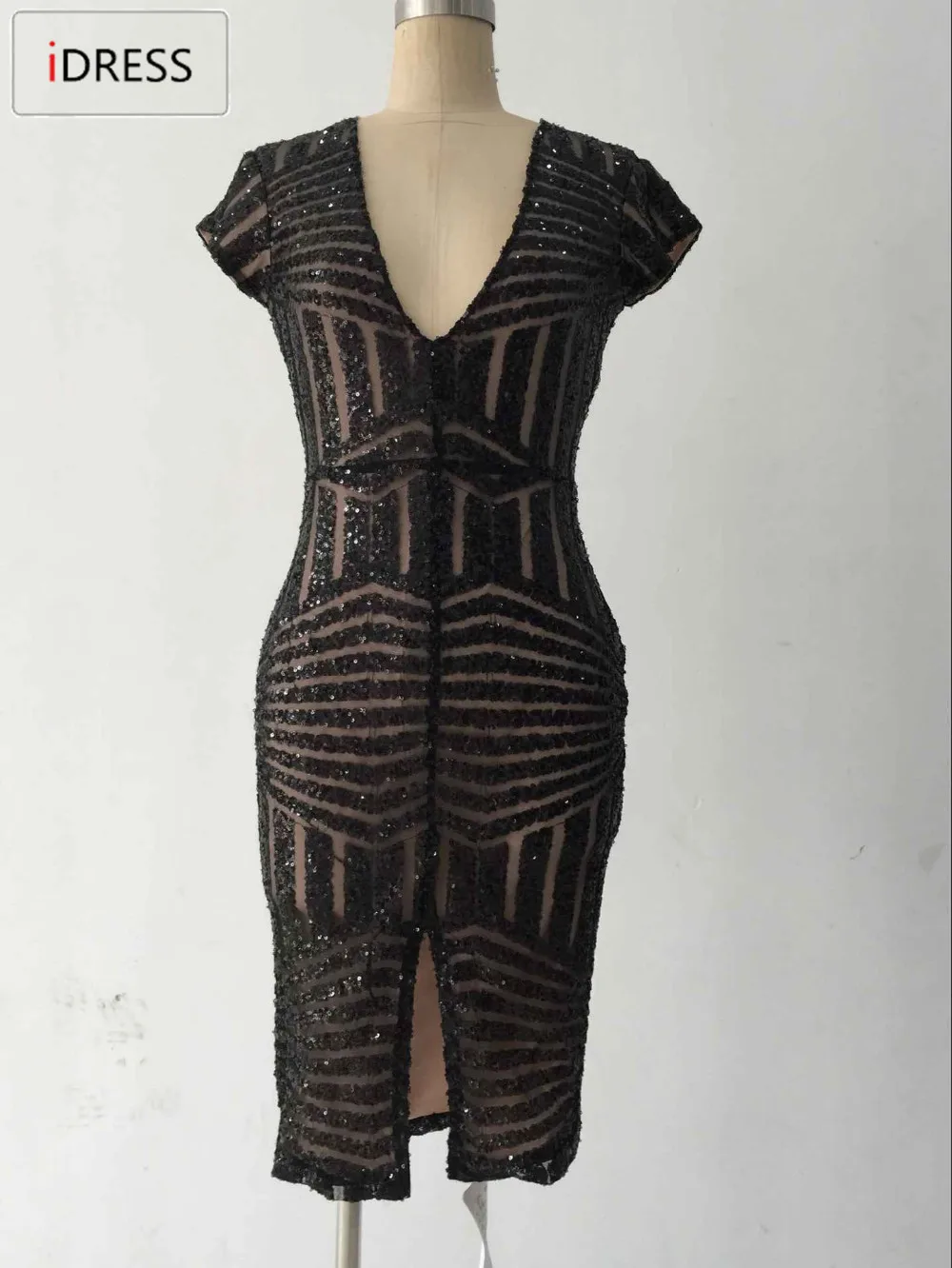 2016 Women Dress Vestido De Festa Sexy Club Night Dress Lady Slim Evening Party V Neck Sequined Knee Length Sequin Dress8