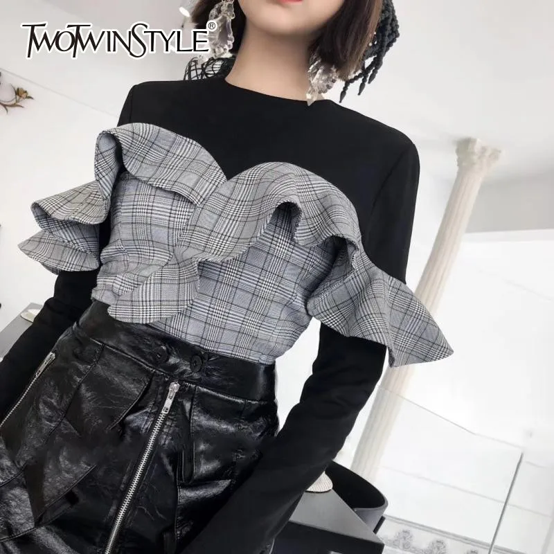 

TWOTWINSTYLE Fake Two Piece Women's T-shirts Long Sleeve Patchwork Ruffle Plaid Short Top Female 2018 Autumn High Street Fashion