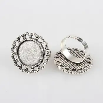 

Vintage Adjustable Iron Flower Finger Ring Components Alloy Cabochon Bezel Settings, Antique Silver, Flat Round Tray: 16mm; 17mm