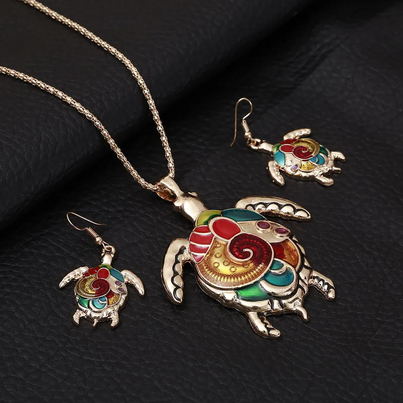 

Multicolor Oil Painting Jewelry Set Hight Quality Gold/Silver Plated Sea Turtle Necklace Sets For Women Nice Design Gifts