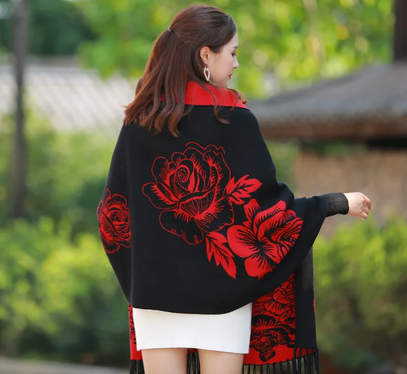 Брендовый зимний шарф женский шерстяной черный красный с рукавом кашемировое пальто плащ утепленный двухсторонний воздушный двусторонний шаль - Цвет: black