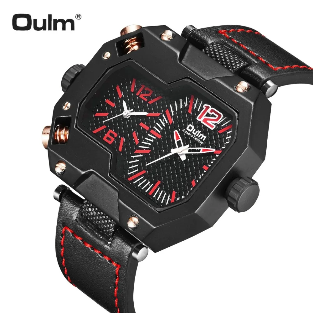 

OULM Fashion Casual Oversize Big Case Quartz Watch Men 2 Time Zone Display Creative Rectangle Dial Top Brand Luxury Wristwatch
