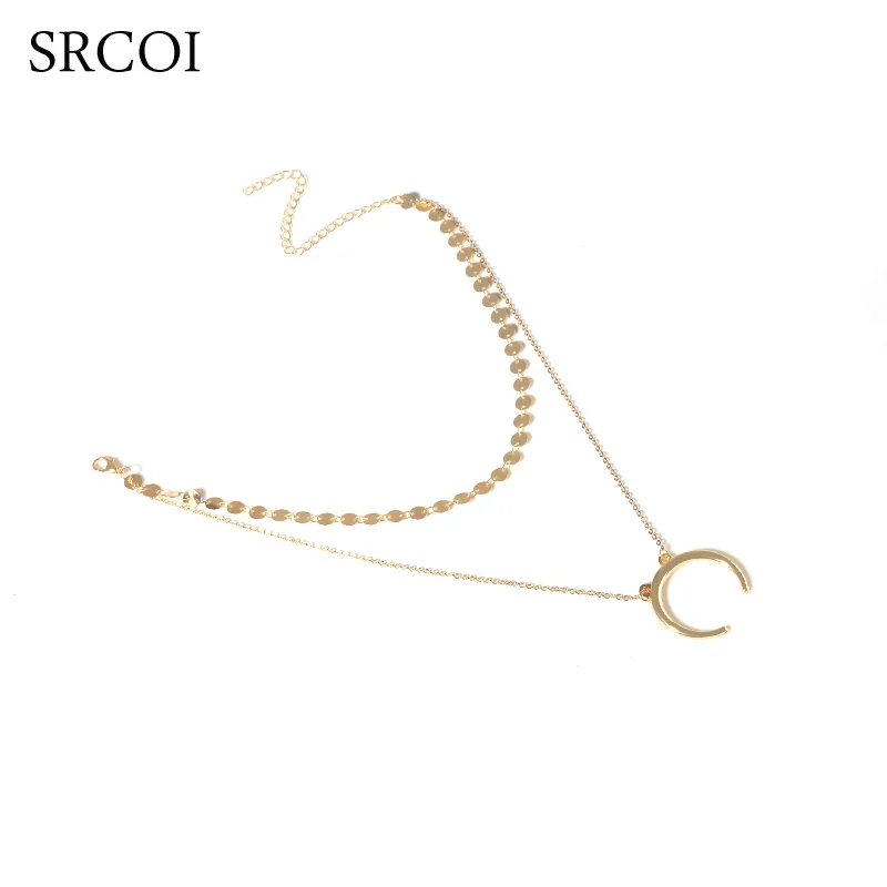 

SRCOI Simple Silver Gold Color Crescent Moon Pendent Necklace Double Layered Coins Chain Chokers Long Ornaments Around The Neck