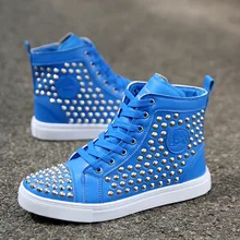 New 2017 Handmade Fashion Rivets Men Shoes High Top Lace-up Casual Shoes Breathable Gentleman Luxury Brand Men Loafers Red Blue