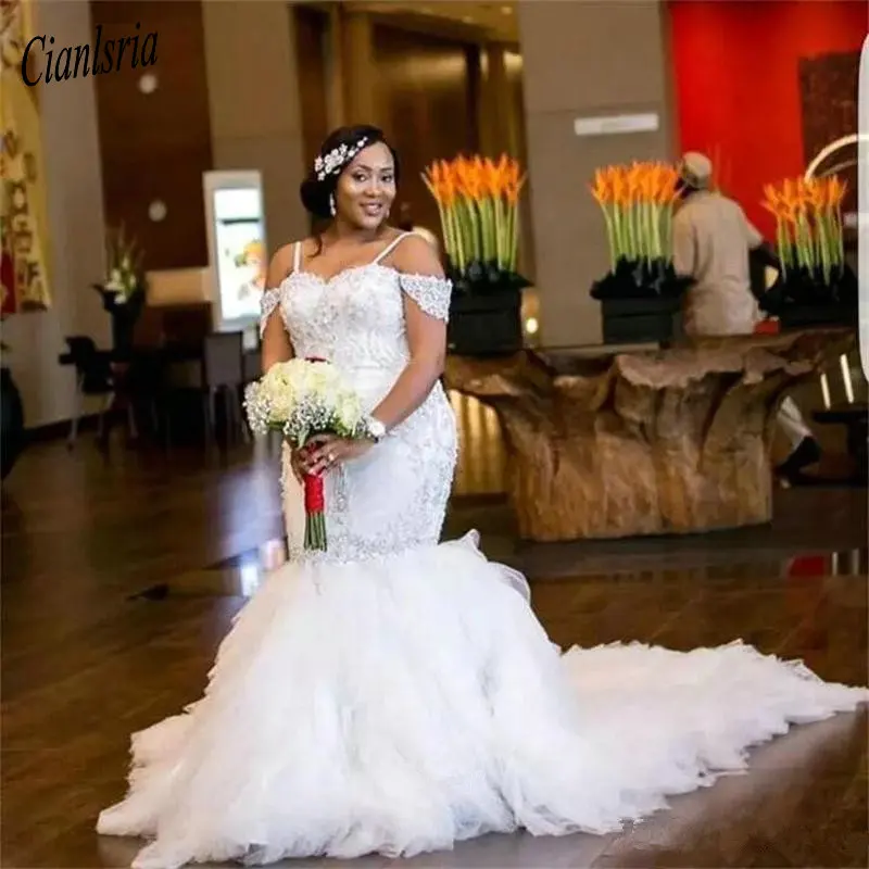 Свадебное платье в африканском стиле, большие размеры, с бретельками, кружевной аппликацией, украшенное Тюлевое платье русалки, свадебное платье Тюлевое платье невесты