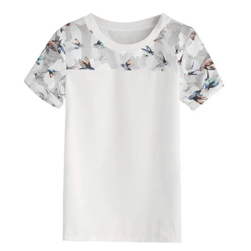 

Korean Women's Mesh Chiffon Blouse Hummingbird Printed Patchwork O-neck Short Sleeved Chic Shirt Tops and Blouses Plus Size XXXL