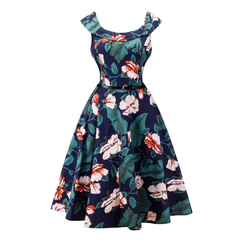 Kostlish Print Summer Dress Women 2017 Cotton Sleeveless 50s Vintage Dress With Belt Elegant Rockabilly Party Dresses Sundress (103)