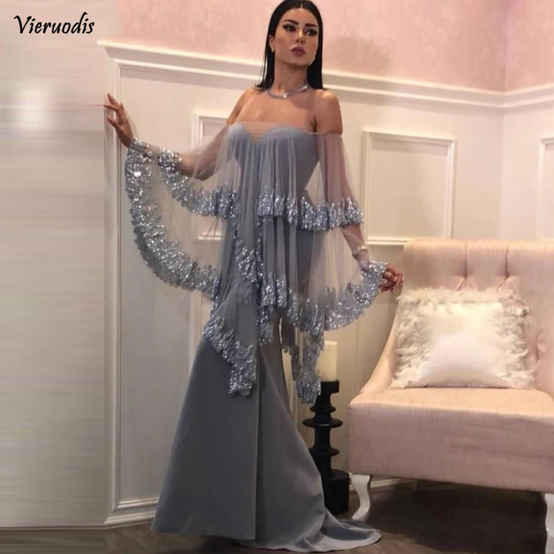 

Silve Muslim Evening Dresses 2019 Mermaid Bateau Strapless Wrap Lace Islamic Dubai Kaftan Saudi Arabic Long Evening Gown