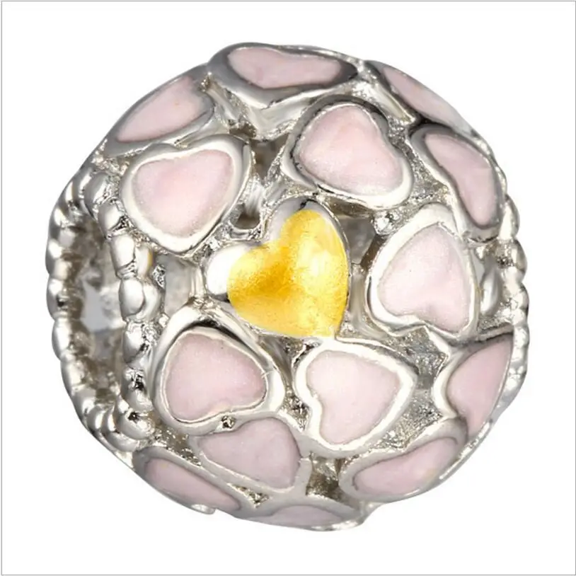 

AODUOLA 50PCS Fashion Alloy metal Silver Enamle Heart Round Beads fit European Charm bracelet DIY Jewelry For Women RHB43