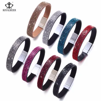

RoyalBeier Popular Leather Crystal Women Wide Bracelet Bangle Metal Buckle Rhinestone Fashion Jewelry Womens Accessories